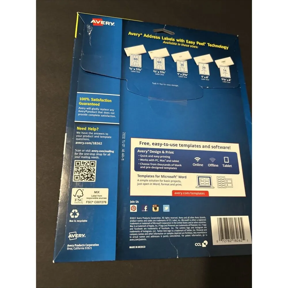 Avery Easy Peel address label 1.33”W X 4” 10 sheets/140 labels 18262